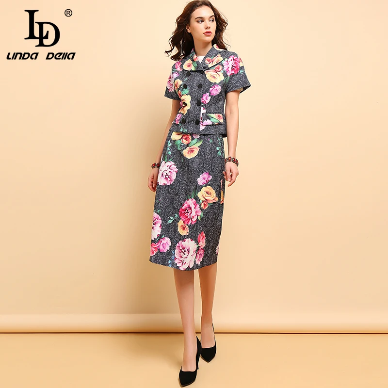Женские костюмы LD LINDA DELLA из двух предметов с коротким рукавом и цветочным принтом