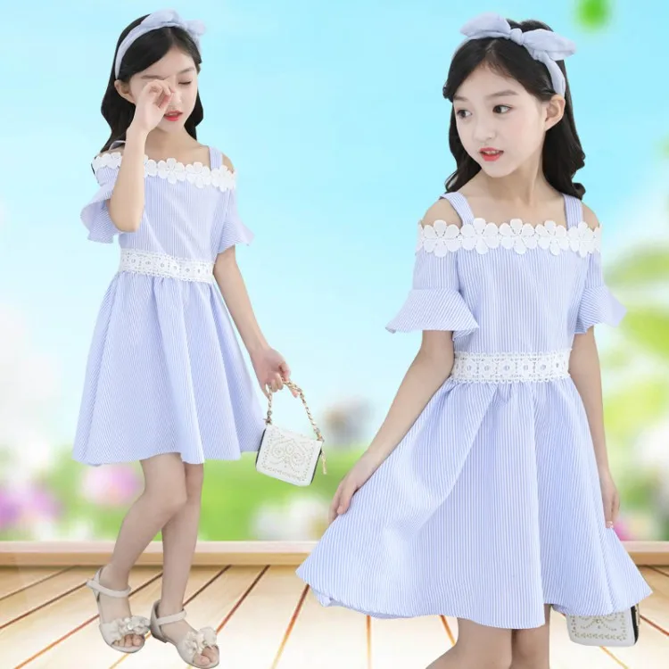 girls new fashion off-the-shoulder striped dress children flare clothing child lacework clothes baby shoulderless dresses | Детская