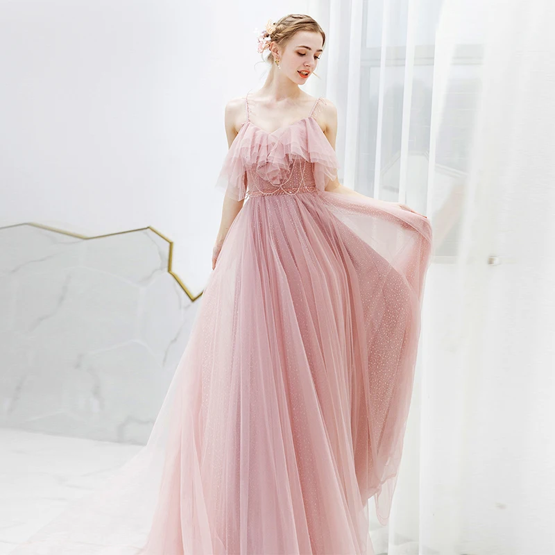 Long Prom Dresses A-line Fairy Formal Party Dress Spaghetti Straps Ruffles Neckline 2019 Bead Sash Tassel Vestidos De Gowns | Свадьбы и