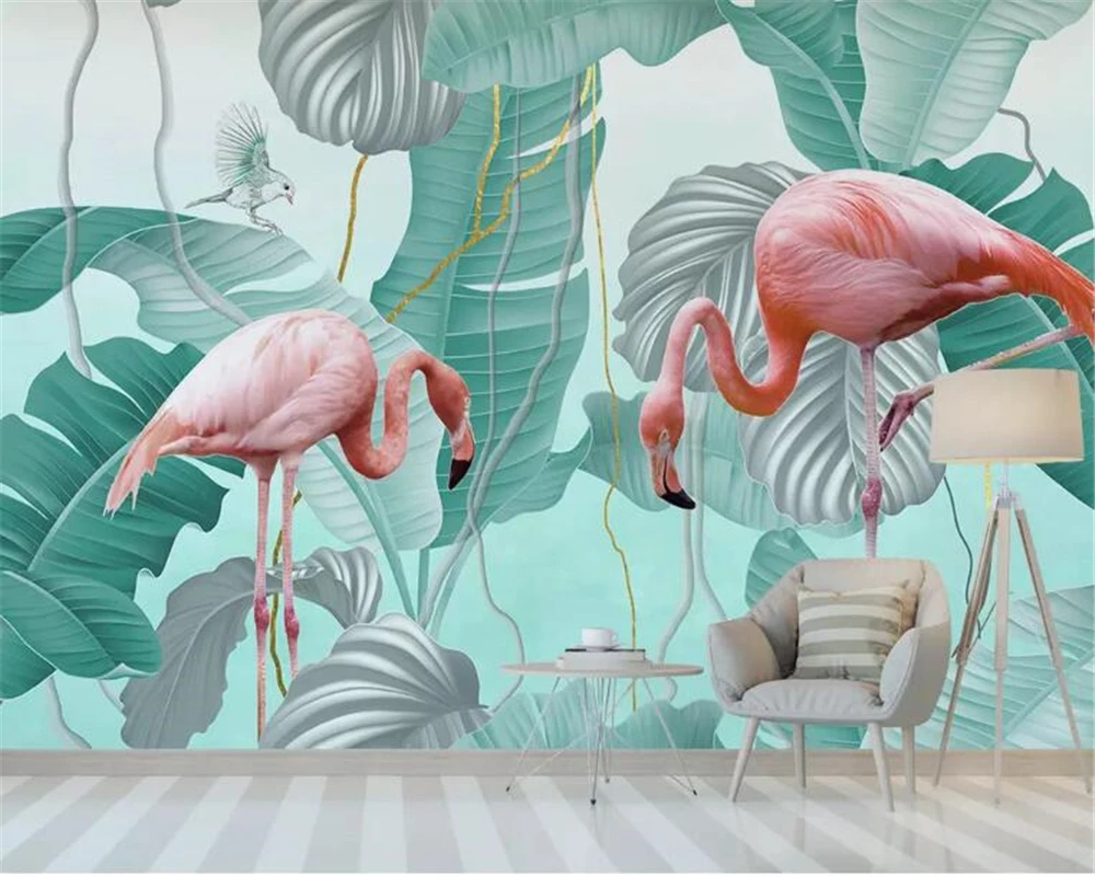 

3d обои, классические, современные, в стиле стерео, с изображением фламинго, тропических листьев, ТВ, дивана