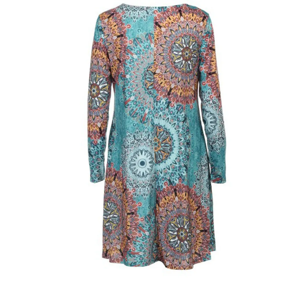 Женское короткое винтажное платье с длинным рукавом Boho Пляжное цветочным