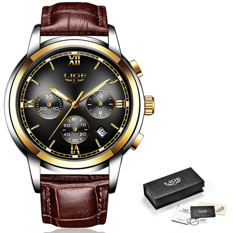 Montre Homme Часы мужские люксовый бренд LIGE Хронограф Мужские спортивные часы водонепроницаемые полностью Стальные кварцевые мужские часы Relogio Masculino - Цвет: Gold black L
