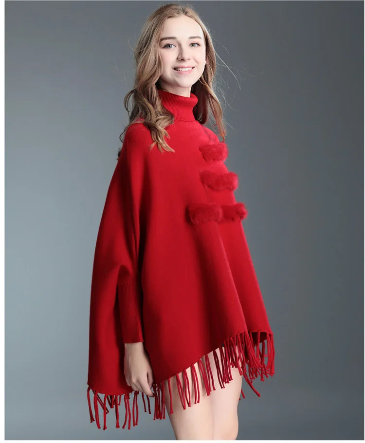 Новинка, пончо, feminino inverno femme, пончо и накидки, пальто с натуральным кроличьим мехом и кисточками, высокий воротник, capa mujer invierno