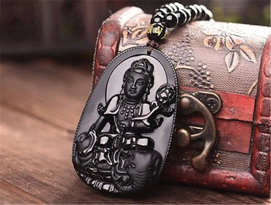 Черный 100% натуральный обсидиан резные кван инь лотос статуя ожерелье подвеска
