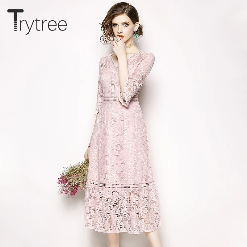 Женское кружевное платье Trytree повседневное однотонное розовое трапециевидной