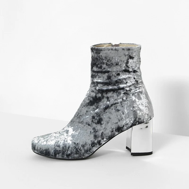 Grey Velvet Boots Teahoo/модные женские ботильоны на массивном каблуке; бархатные ботинки; Ботильоны на молнии с круглым носком; сезон весна-осень; модельные женские туфли - Цвет: Grey Velvet Boots