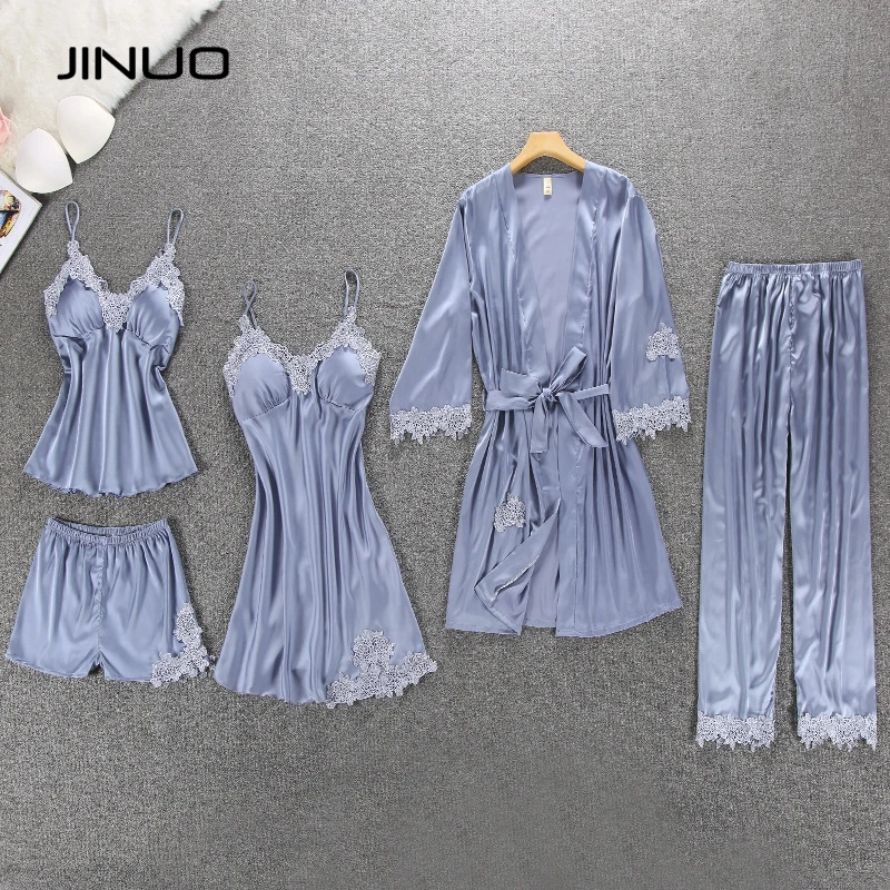JINUO 5 шт./компл. женские пижамы шт. атласная пижама шелковая одежда с вышивкой для