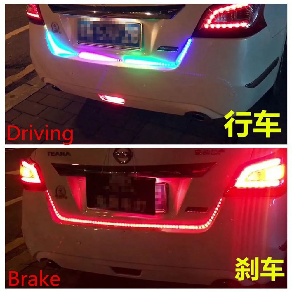 

120cm 7Color RGB Car Rear Trunk Light Multicolor Tail box Light Dynamic Streamer Brake Turn Signal Warning LED Strip Car Styling