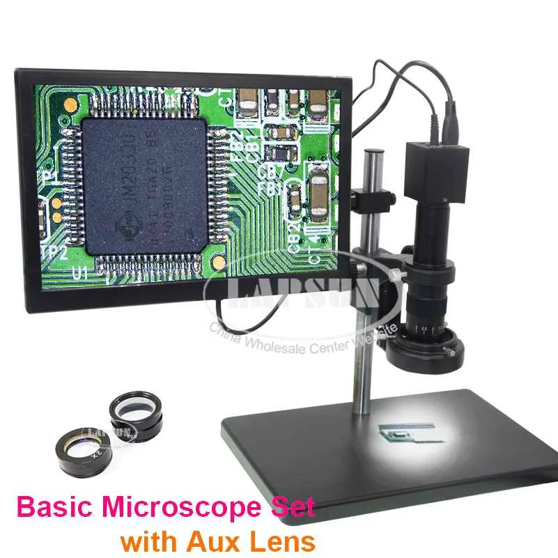 with Aux Lens Lapsun все 4K 1080P HDMI UHD Промышленный Набор микроскопов для камеры+ 15," 4 K ips монитор+ подставка+ Объектив C-Mount+ 144 светодиодный кольцевой светильник - Цвет: with Aux Lens