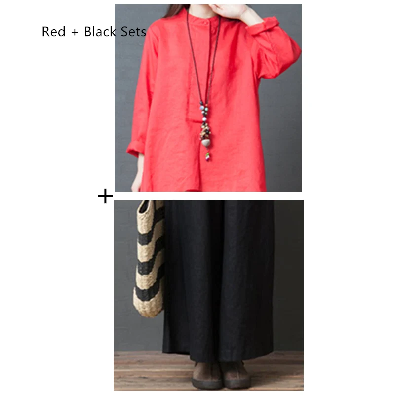 Red x Black Женские комплекты больших размеров, комплект из двух предметов, рубашка миди, топы+ свободные повседневные Широкие штаны, женские хлопковые льняные костюмы с длинным рукавом - Цвет: Red x Black