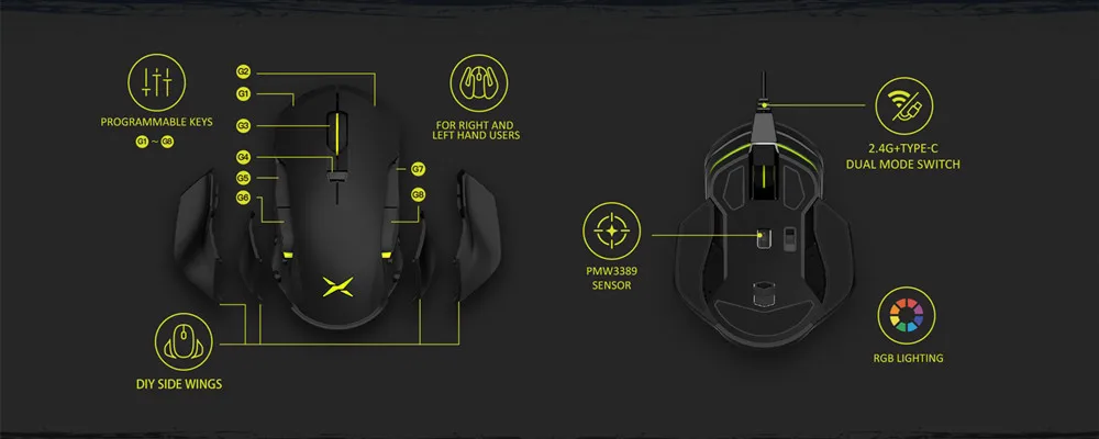 Delux M627 DIY боковые крылья Проводная/Беспроводная игровая мышь dpi 5000 8 кнопок RGB оптическая левая и правая мышь для пользователя ПК