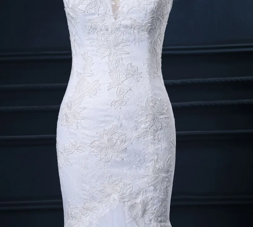 Real Image Vestido De Casamento High Neck Sheer Back Cap Sleeve Lace Mermaid Wedding Dresses Noiva 2015 PL388 | Свадьбы и торжества