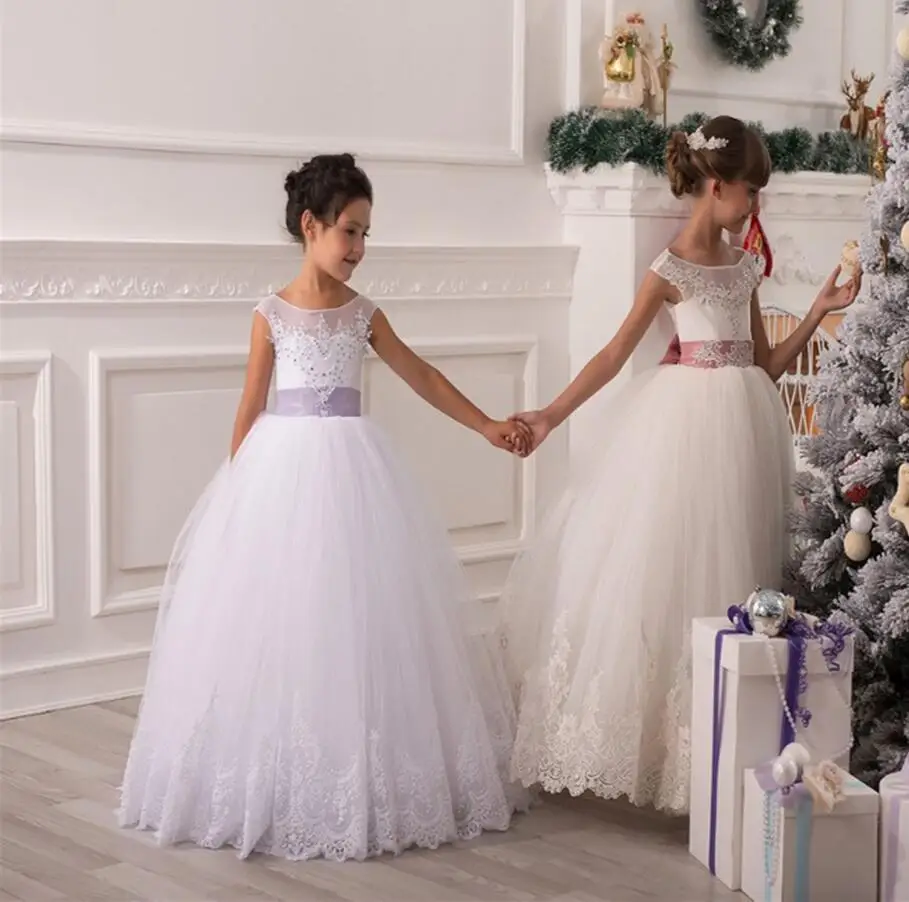 

White Ivory Flower Girl Dresses For Weddings Ball Gown Cap Sleeves Tulle Lace Beaded Long First Communion Dresses Pageant Gown