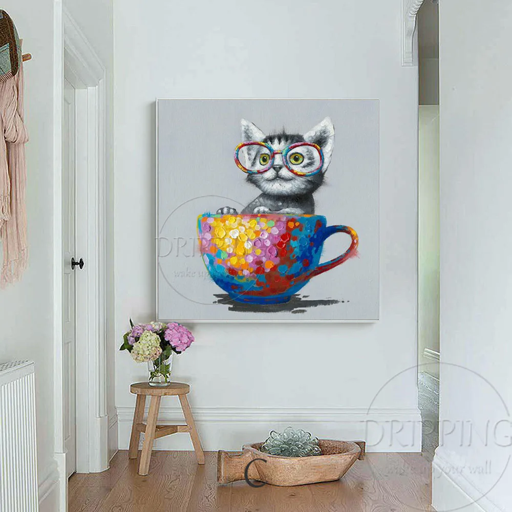 Забавный дизайн маленькая чашка с животными живопись маслом Кот художник ручная