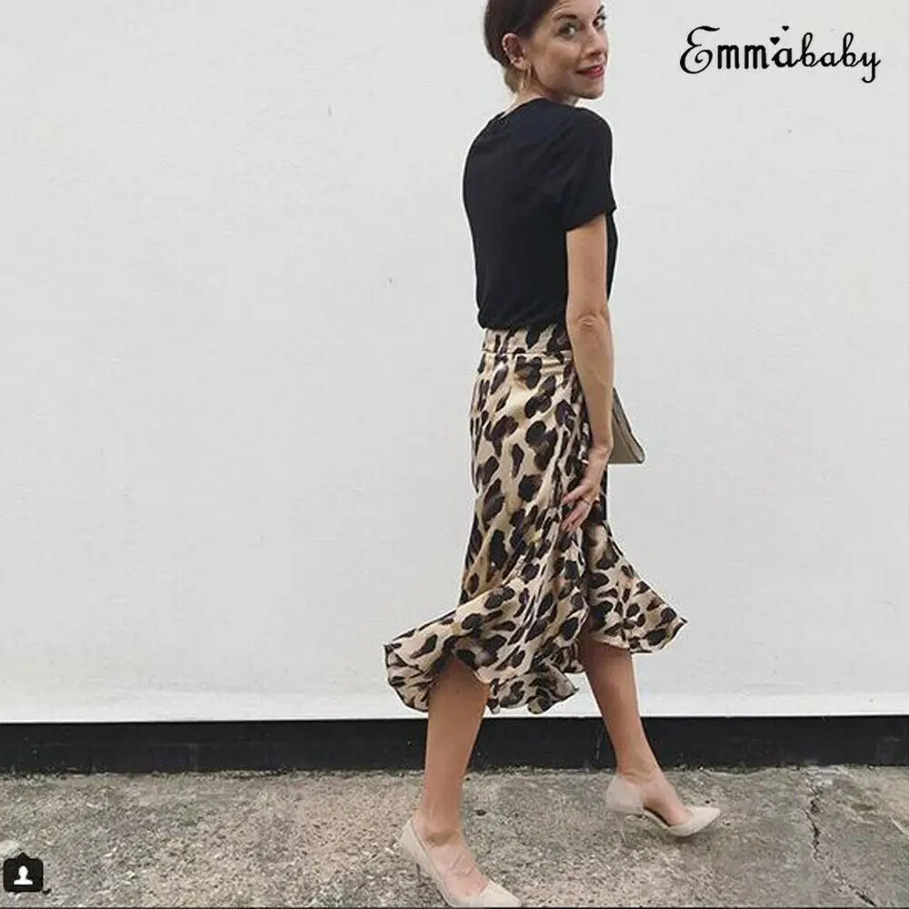 

Hot Sexy Women Leopard Print Midi Skirt Front Split High Waist Knee Length Skirt Asymmetrical Evening Party Skirt