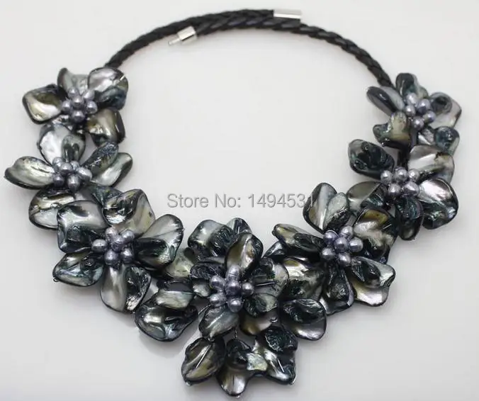 

New Arriver Fashion Flower Jewelry Black Mop Shell Flower Freshwater Pearl Necklace Handmade Jewelry Free Shipping