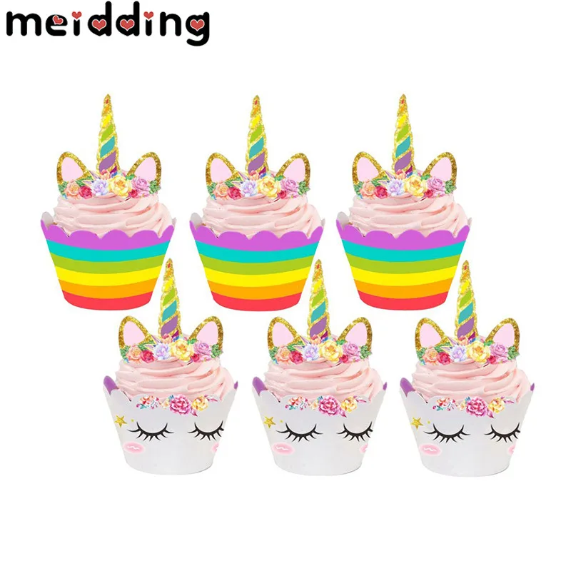 MEIDDING/24 шт. вечерние комплекты с единорогом, радужные топперы для торта+ обертки для кексов, вечерние принадлежности для дня рождения