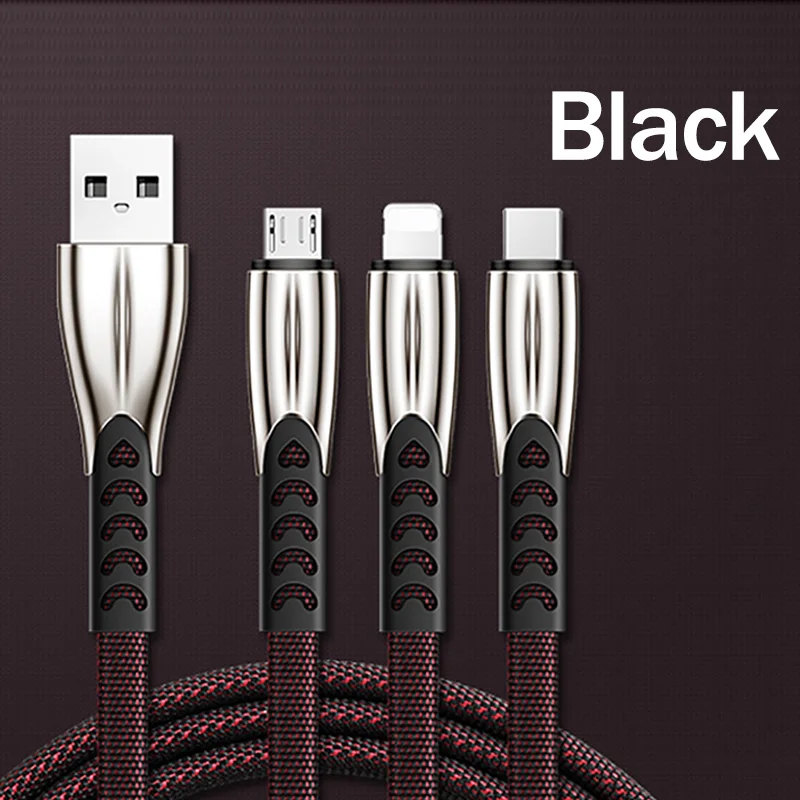 3 в 1 USB кабель для быстрой зарядки для мобильного телефона Microusb type-C шнур из цинкового сплава для передачи данных для iOS 12 11 Android usb c шнур - Цвет: Black