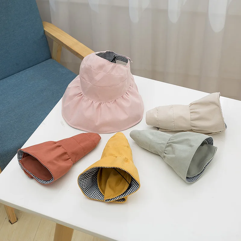 Summer Baby Hat for Girls Double-sided Beach Visor Cap Kids Sun Hats Cotton Wide Brim Children with Wind Rope | Детская одежда и