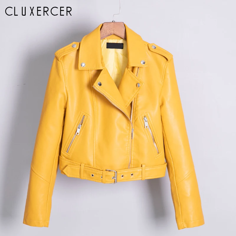 Женская Байкерская кожаная куртка Повседневная мотоциклетная желтая из мягкой