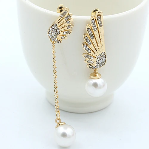 Популярные женские асимметричные серьги с крыльями ангела стразами и