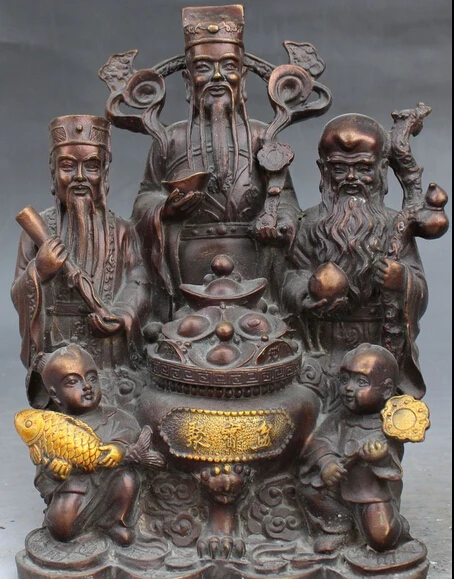 Китайская Бронзовая позолота 3 Бог долголгия Фу Лу Шу два мальчика Девочка