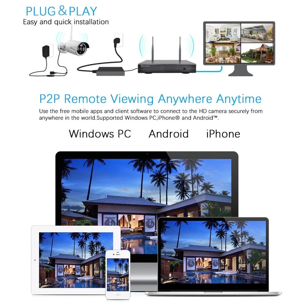 8CH Беспроводная система видеонаблюдения NVR 6 шт. 960 P ip камера wifi непогоды ИК