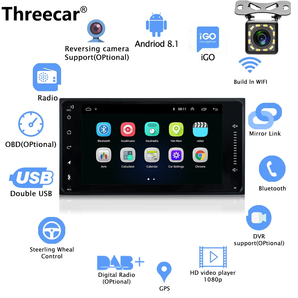12 cam 2 DIN Универсальный Android 8,0 автомобильный dvd-плеер с gps-навигация, радио, стерео для Toyota Corolla авто радио мультимедиа 1024*600 - Цвет: 12 cam