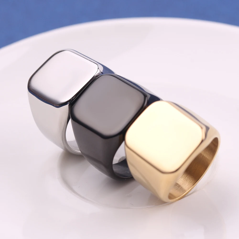 Personalized Customize Engrave Photo Logo Names Rings Square Big Width Signet Ring Stainless Steel Men Finger Black Gold color Украшения