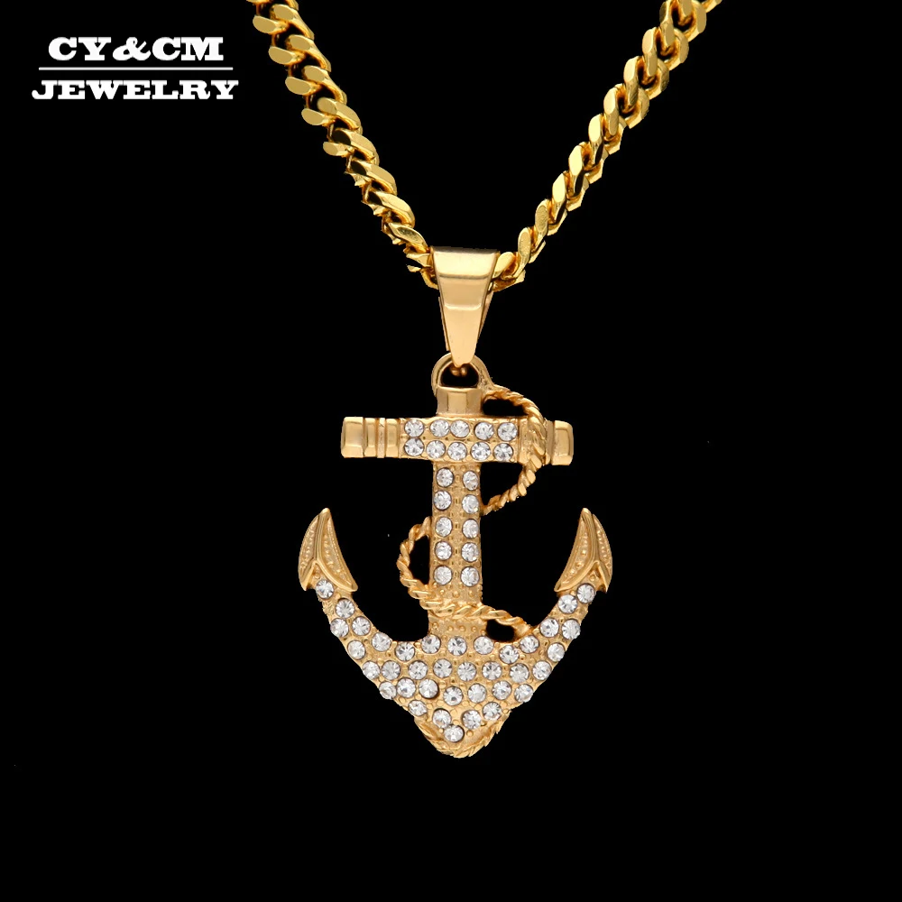 CY & CM Мужская и женская подвеска золотой якорь из нержавеющей стали Lced Out CZ горный