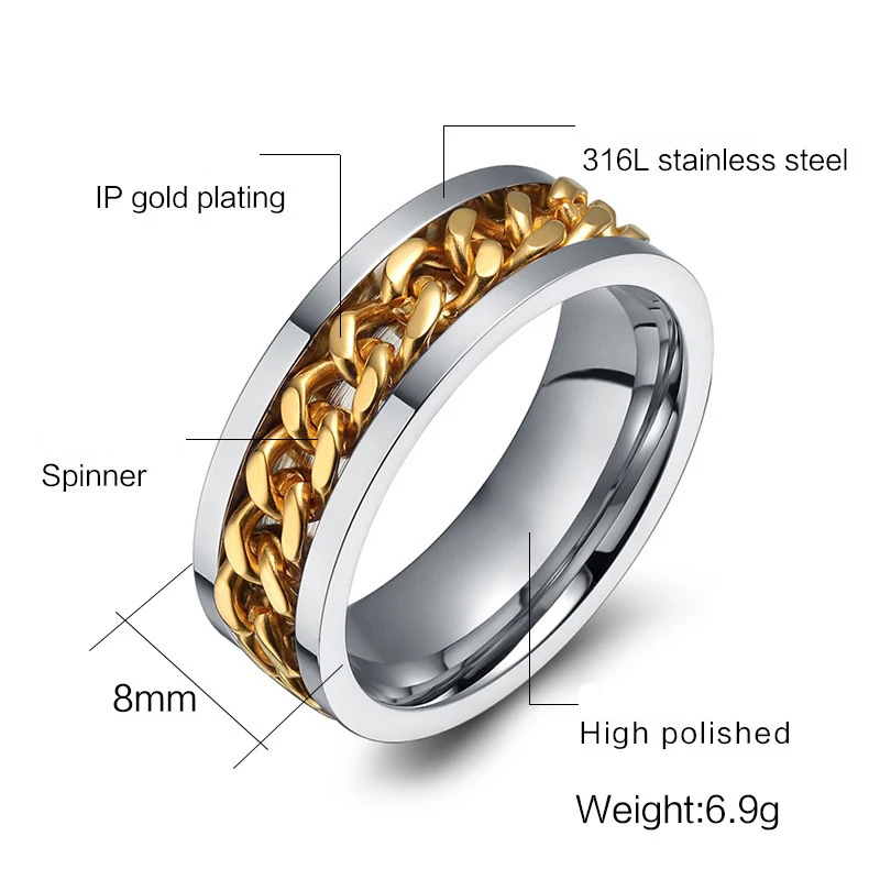 PUN мужское кольцо из нержавеющей стали панк модное Черное золото настроение