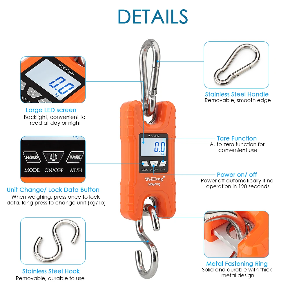 500kg/1102lb Portable Mini Industrial Crane Scale Digital LCD Electronic Scales Heavy Duty Hanging kitchen Weight Hook Scales