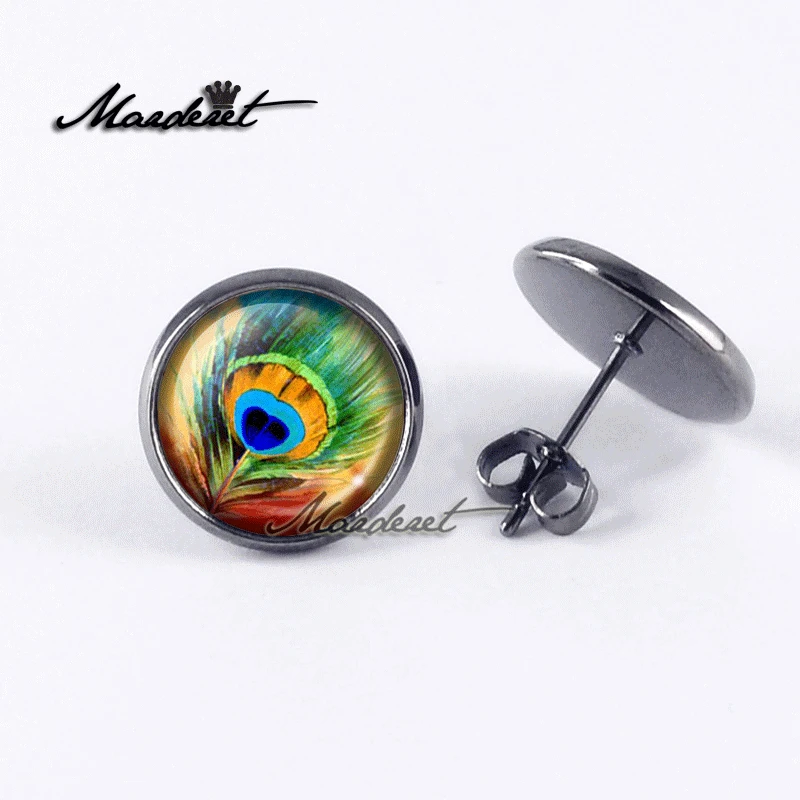 MARDERET Peacock Feather Glass Dome Stud Earrings Vintage Cabochon Back Earring Fashion Jewelry For Women | Украшения и