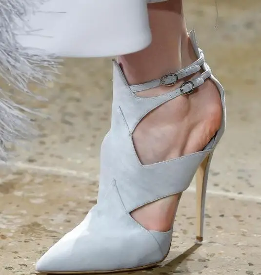 

Moraima Snc Cut out Pointy Toe Stiletto Heel Buckle Summer Booties Runway Sexy High Heel Ankle Boots Woman Dress Shoes