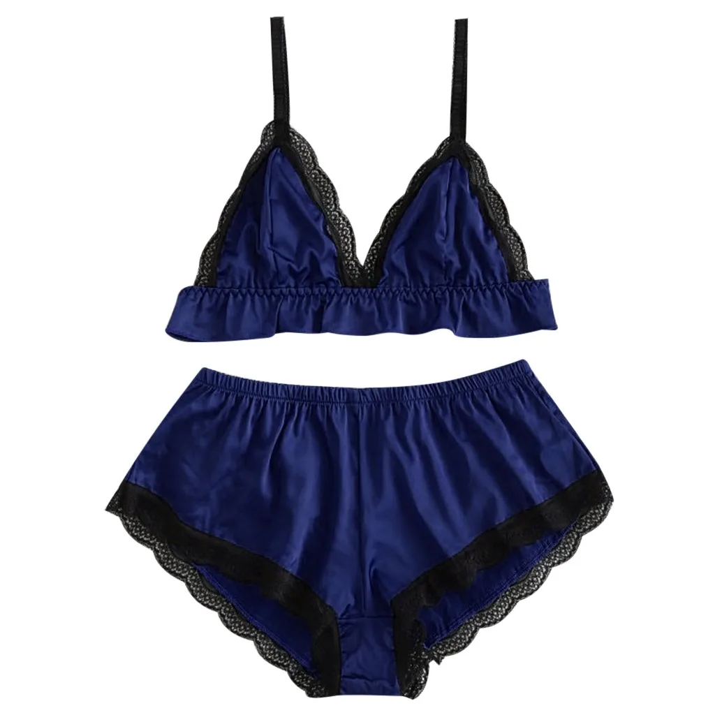 Синий 2 шт. для женщин Атлас пикантные прозрачные bralette белье девушка кружево сращивания комбинезон-Пижама Сексуальное Женское Эротическое#7 - Цвет: Синий