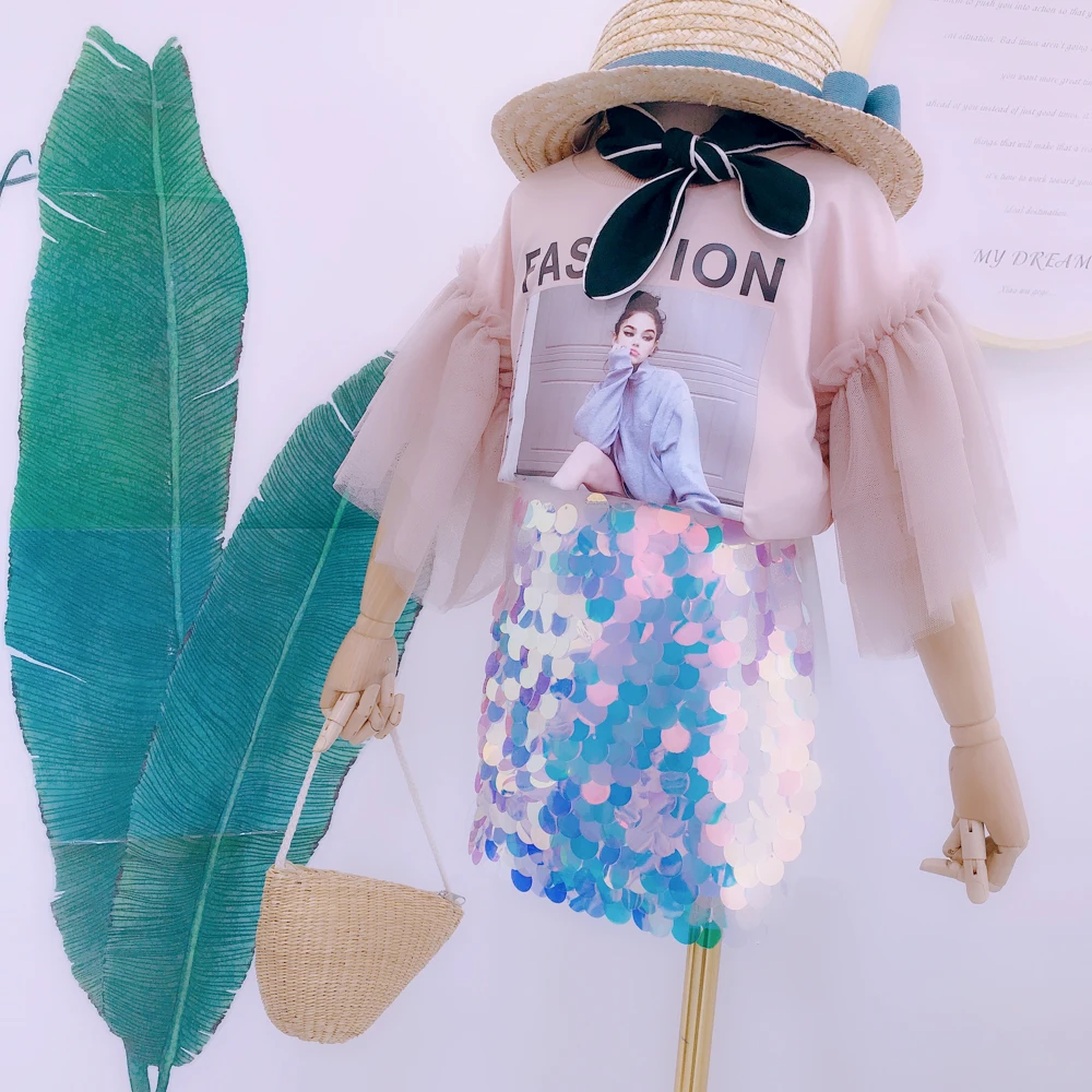 Для маленьких девочек юбки с пайетками летнее Новое модное мини платье