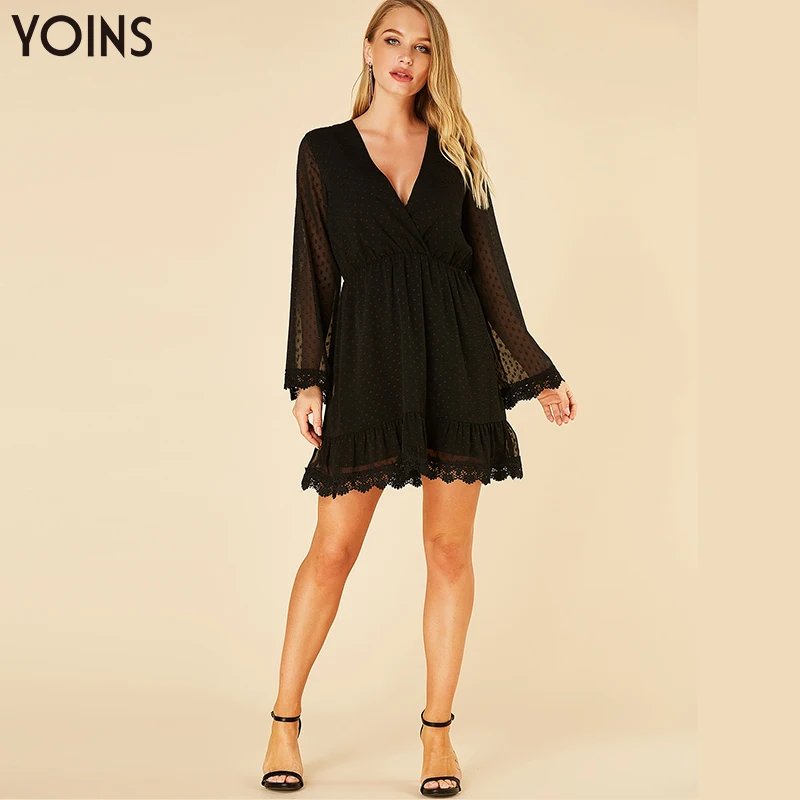 YOINS 2019 Летнее осеннее женское платье Сексуальное черное кружевное мини С