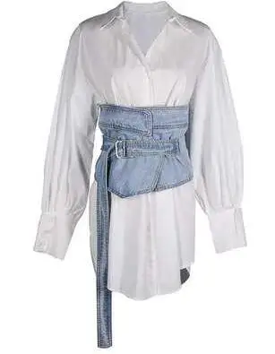Женское платье рубашка с рукавами летучая мышь белое джинсовое регулируемым