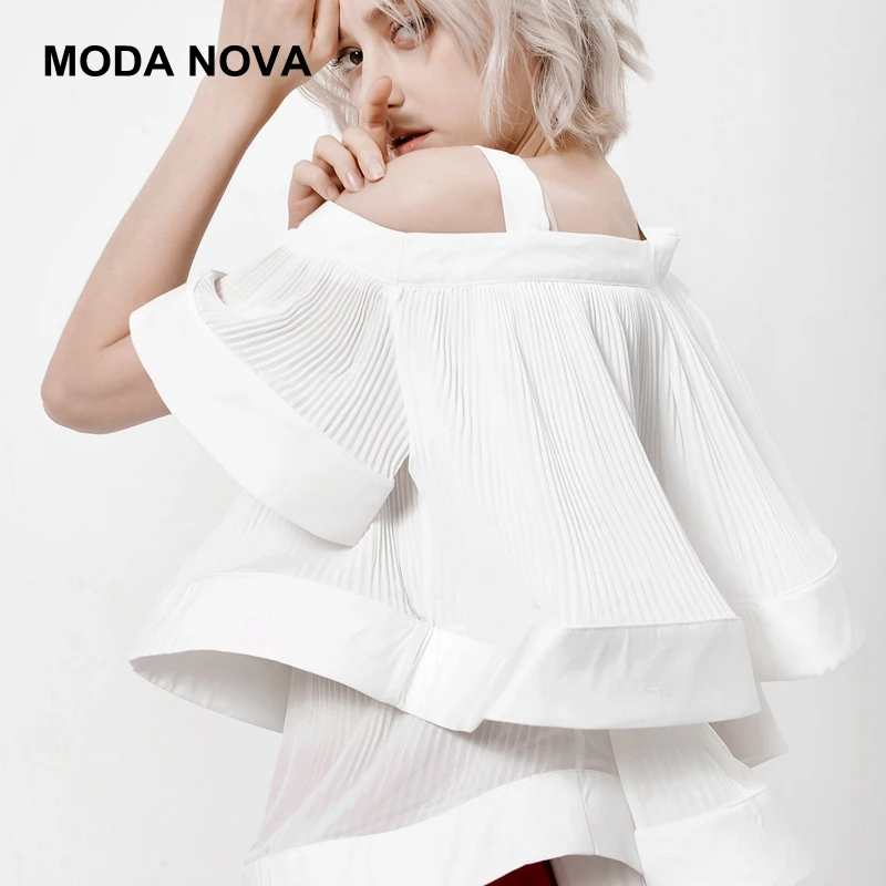 MODA NOVA/дизайнерская эксклюзивная Блузка с оборками плиссированная однотонная