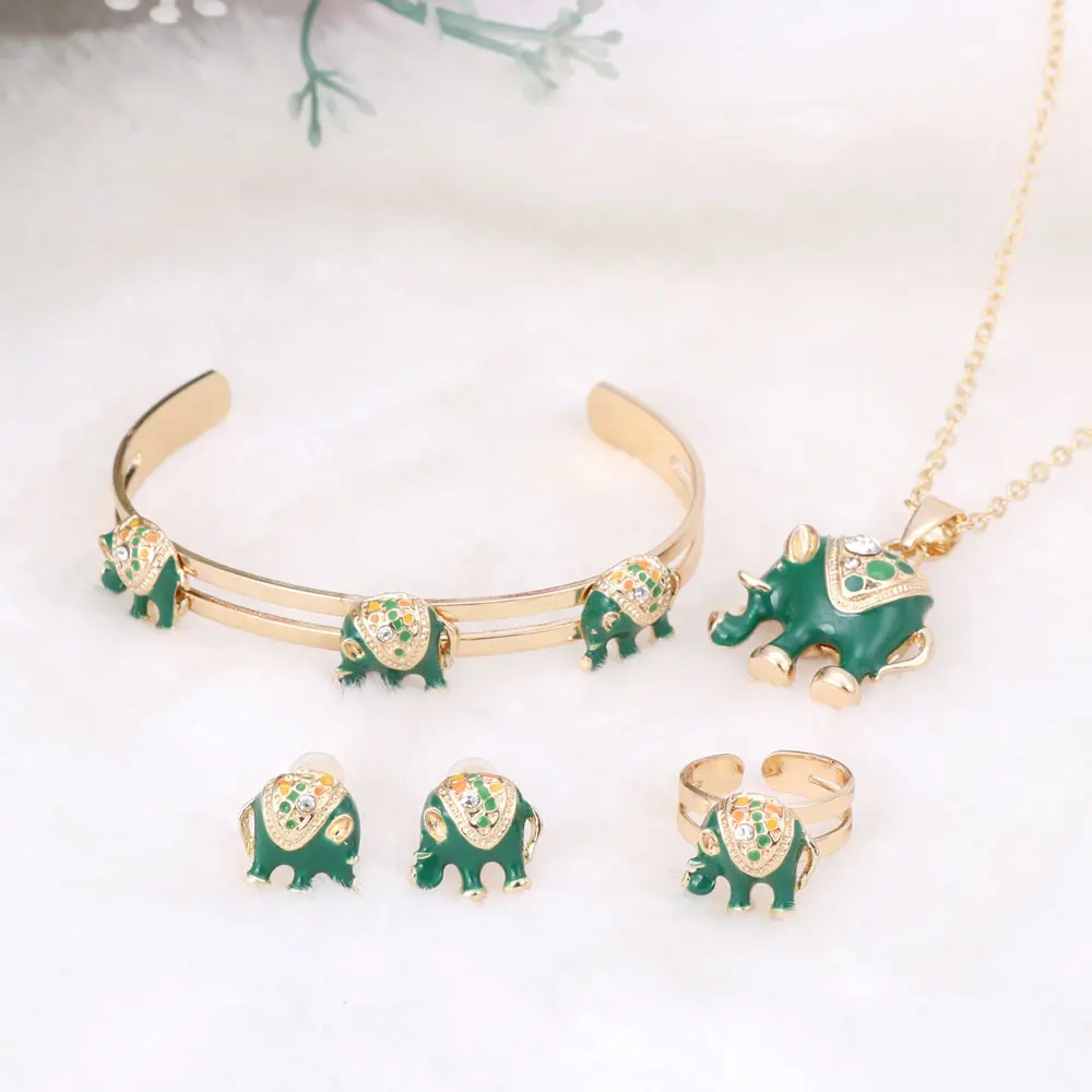 Золотой цвет Эмаль Кристалл Слон ожерелье браслет кольцо набор для детей костюм