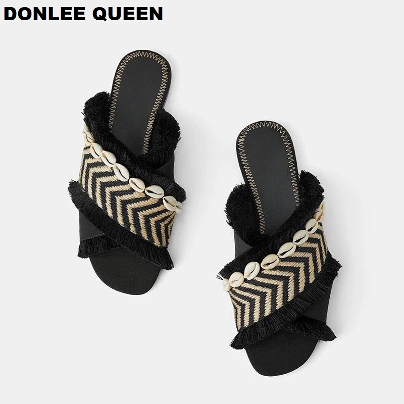 DONLEE QUEEN/женские шлепанцы в богемном стиле; плетеные сандалии на плоской подошве с кисточками; брендовые туфли с декором из бисера; шлепанцы; 19; Летние вьетнамки
