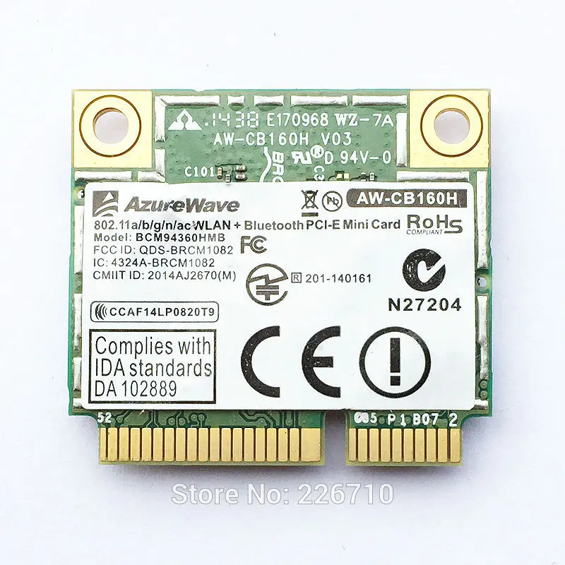 Мини карта PCI E Azurewave 1300 Мбит/с для антенн 802 11 abgn/11ac Wi Fi + BT Bluetooth 4 0 Broadcom BCM94360HMB 3X с