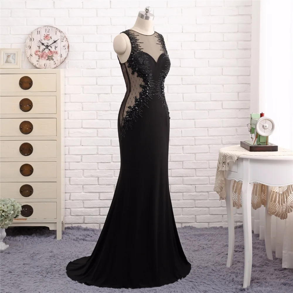 Женское вечернее платье русалка Черное длинное прозрачное с бусинами и