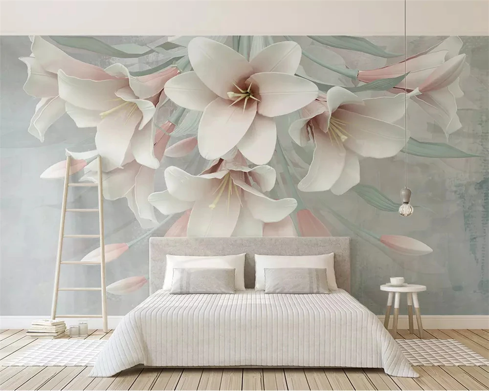 Beibehang papel de parede Customized 2019 новые модные красивые 3d стерео розовые лилии рельефные
