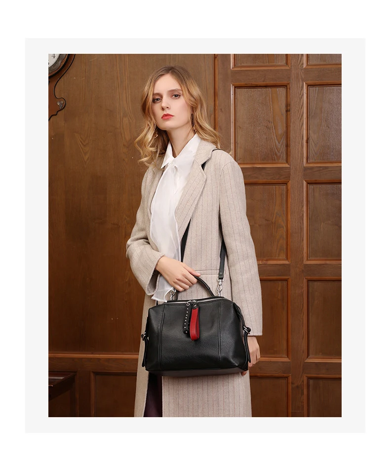 New Large Boston Bag Real Soft Leather Women's Handbag Europe Style Simple Shoulder Bag Office Lady Tote Hand Bag