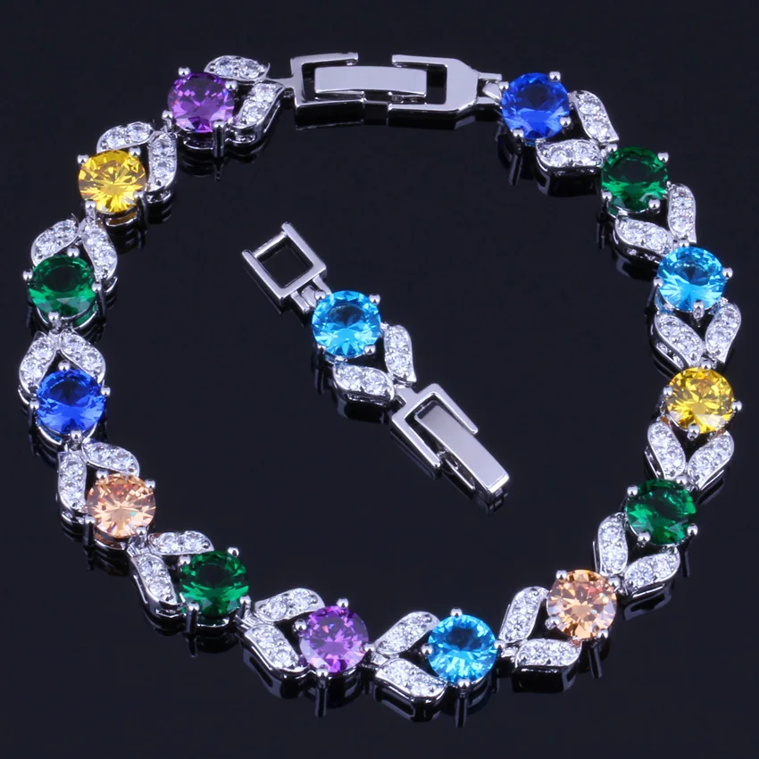 

Precious Multi-Gem Multi-Color Sky Blue Cubic Zirconia Silver Plated Link Chain Bracelet 18cm 20cm V0044