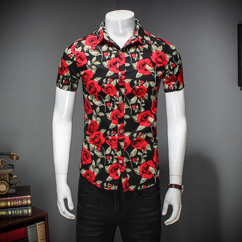 

2Color Men Shirt New Brand Clothing Mens Casual Floral Shirts Short Sleeve Turn Down Collar Slim Fit Men Shirt Blouse 5XL-M