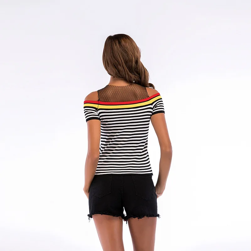 Полосатые футболки женские 2019 летние сетчатые Лоскутные ребристые Топы Плюс