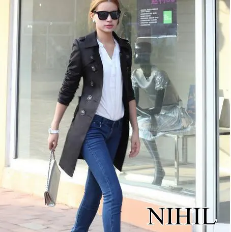 Черный двойной грудью женщины пальто твердых с пояса Большой размер долго тонкий