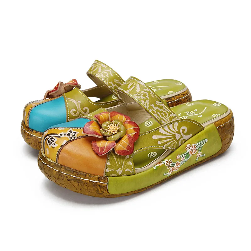 

2018 VALLU Summer Women Slipper Shoes Handmade Flower Flat Platform Genuine Leather Ladies Outside Slippers Plus Size 4 Color